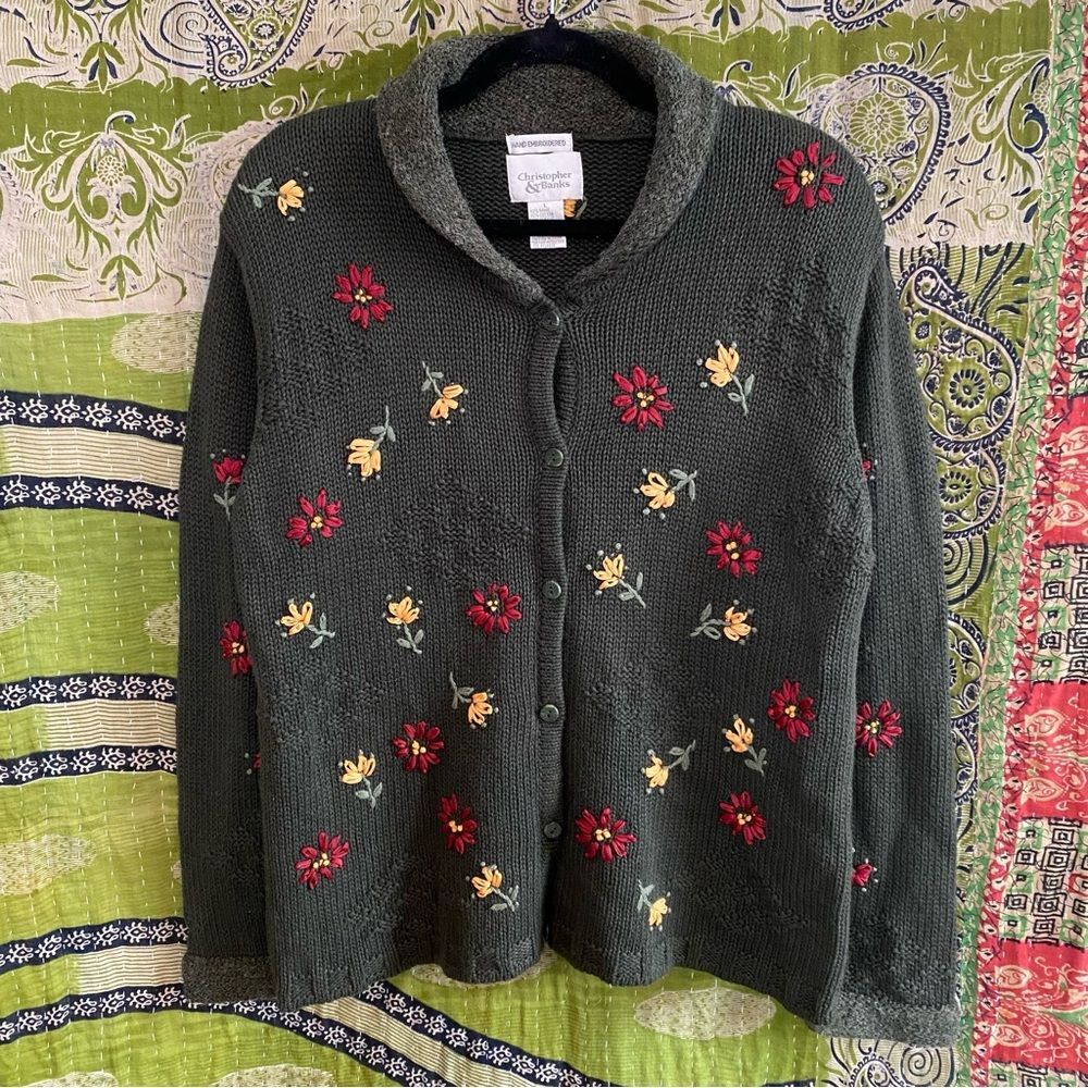 Vtg 90's Christopher & Banks Green Hand Embroidered Cottage Cardigan Size Large